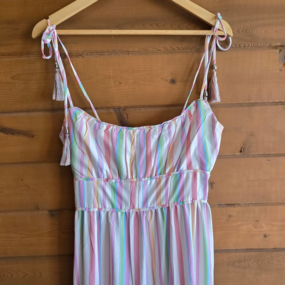 Chicwish Rainbow Stripe Maxi Dress Tassle Boho Preppy Med Summer Pastel Cottage - Picture 5 of 6